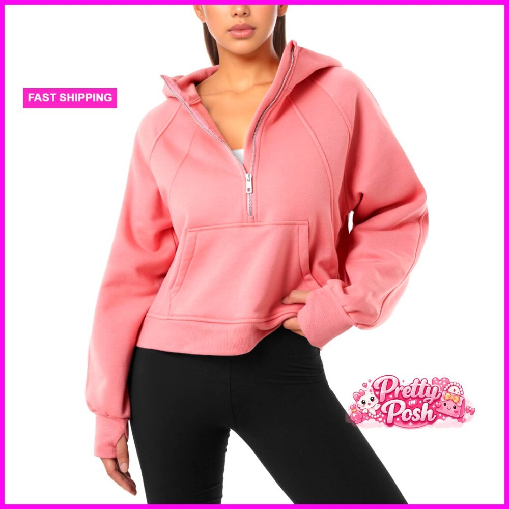 Cropped Fleece-Lined Hoodie Quarter-Zip Pullover with Thumb Holes